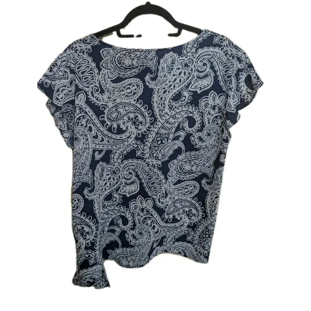 MICHAEL KORS Women’s Blue Paisley Print Side Tie Shirt Pleated Size‎ US Medium